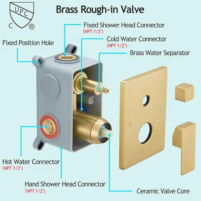 YCAIKOI Shower Faucet Set Complete, Wall Mount Shower System for Bathroom 12 Inch High-Pressure Rainfall Shower with Handheld, Rough-in Valve Body and Trim Kit, Brushed Gold - ModernBath