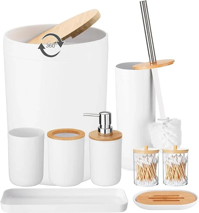 iMucci Bathroom Accessories Set with Trash Can,Toilet Brush,Toothbrush Holder, Lotion Soap Dispenser, Soap Dish,Toothbrush Cup,Qtip Holder(8Pcs White Wood Cover) - ModernBath