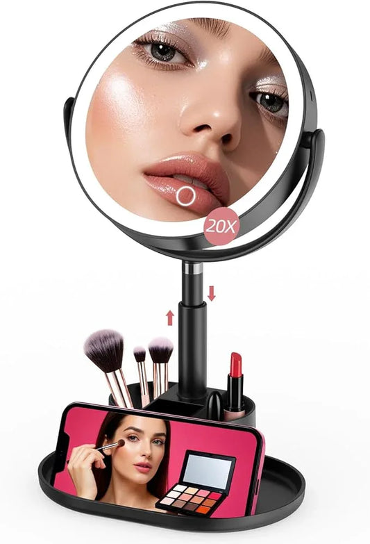 Shinowa Makeup Mirror with Lights, 1X/20X Lighted Magnifying Mirror with Storage for Makeup & Jewelry, 2-Sided Height Adjustable Vanity Mirror with 3 Color Lights, 360° Rotation & Rechargeable, Black - ModernBath