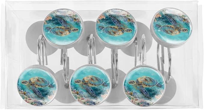 Sea Turtle Shower Curtain Hooks, 12Pcs Decorative Rust Resistant Shower Rings for Shower Curtain Rods, Stainless Steel Round Curtain Hooks for Bathroom, Bedroom, Farmhouse - ModernBath