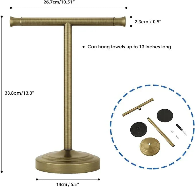 RUMOSE 13 Inch Antique Brass Towel Bar Stand Hand Holder Bathroom Kitchen Vanity Countertop T-Shape Towel Rack Free Standing Stainless Steel - ModernBath