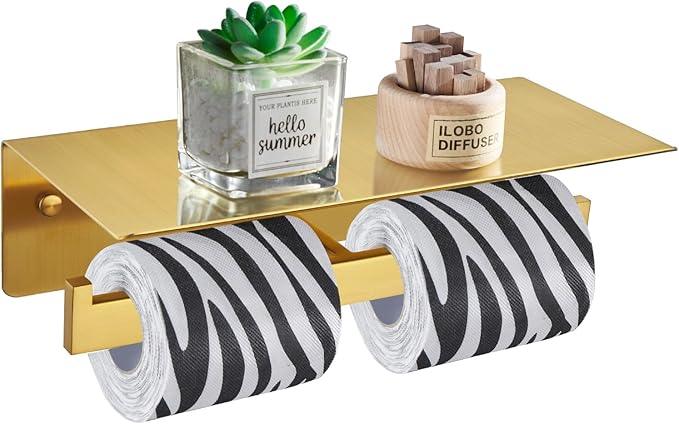 Angle Simple Toilet Paper Holder with Shelf Brushed Gold, 304 Stainless Steel Double Toilet Tissue Holder for Wall - ModernBath
