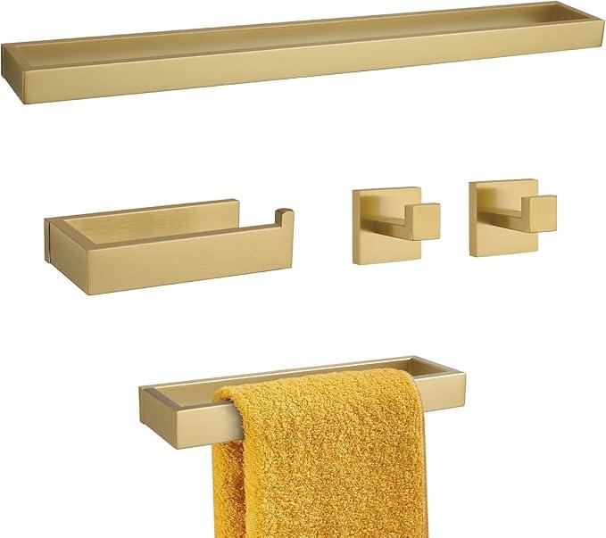 TNOMS Brushed Gold 5-Pieces Bathroom Hardware Set Towel Bar Set,Stainless Steel Bathroom Hardware 23.6 Inch Towel Bar Towel Holder Set Wall-Mounted - ModernBath