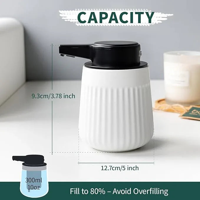 BosilunLife Ceramic Automatic Soap Dispenser with Extended Pump Nozzle, 3 Adjustable Levels, Touchless Lotion Liquid Hand Wash Dispenser for Bathroom & Kitchen, Striped Design, White, 10oz - ModernBath