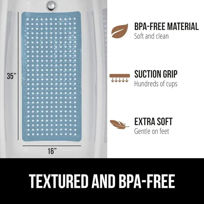 GORILLA GRIP Patented Bath Tub Shower Mat, Machine Washable Bathtub Floor Liner Mats, Suction Cups and Drain Holes to Keep Tubs Clean, Soft on Feet, Bathroom Essentials, 35x16 Inch, Sky Blue Opaque - ModernBath