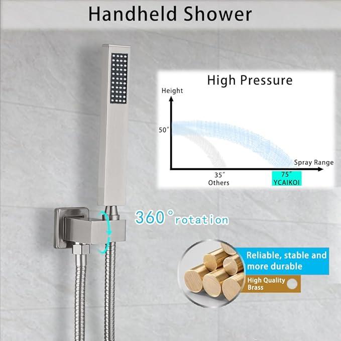 Brushed Nickel Shower System YCAIKOI Wall Mount Shower Faucet Set for Bathroom 10 Inch High Pressure Luxury Shower Head with Handheld, Rough-in Valve Body and Trim Included - ModernBath
