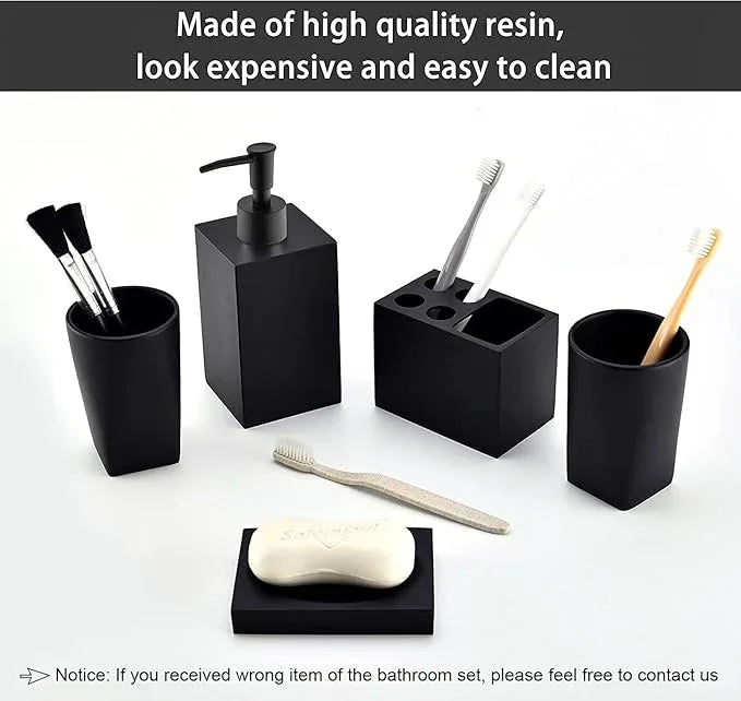 Jincrop 5-Piece Matte Black Bathroom Accessory Set - Modern Design Set with Soap Dispenser, 2 Tumbler Cups, Soap Dish & Toothbrush Holder - ModernBath