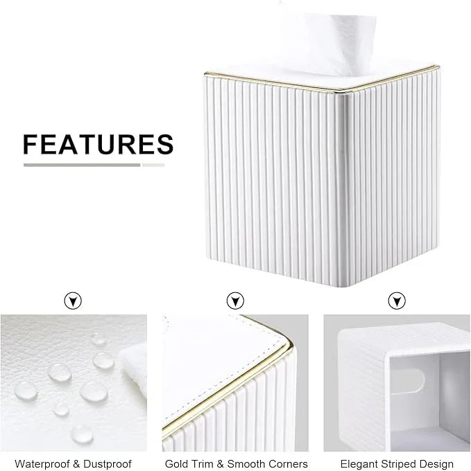 KINGFOM Tissue Box Cover, PU Leather Square Tissue Box Holder for Kleenexs with Magnetic Bottom Cover for Facial Tissues/Napkins, Office & Living Room Decor Box White - ModernBath