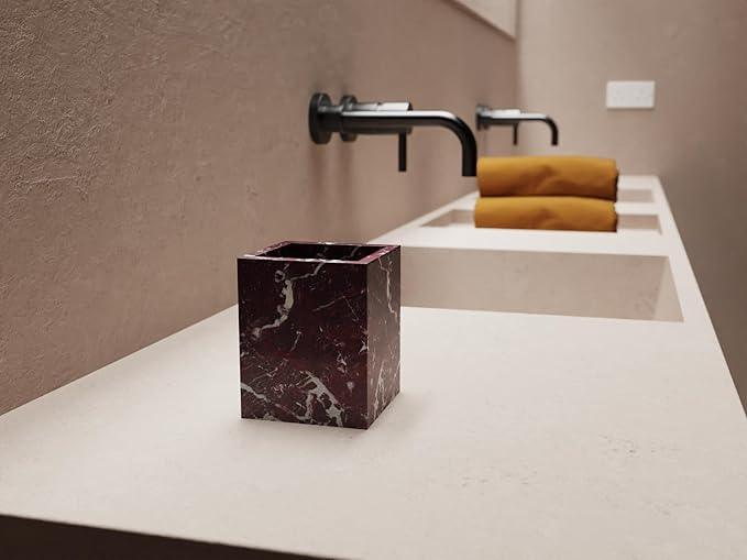 Marble Toothbrush Holder – 4.1" Genuine Stone Bathroom Cup for Makeup Brushes, Pens & Utensils | Natural Marble Organizer for Vanity, Countertop & Home Décor (Rosso Lepanto Red) - ModernBath