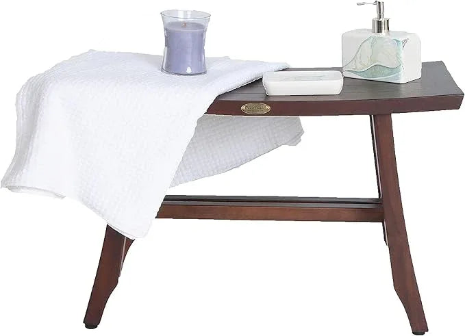 DecoTeak Satori Teak Shower Bench – 24" Compact Teak Bath Seat, Brown Finish, for Adults & Seniors | Water-Resistant Spa Stool with Slatted Seat & Adjustable Feet - ModernBath
