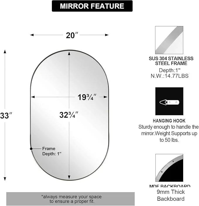ANDY STAR Brushed Nickel Oval Bathroom Mirror, 20x33 inch Pill-Shaped Mirror for Wall HD Reflection Metal Frame Mirror for Bathroom Hang Vertical or Horizontal - ModernBath