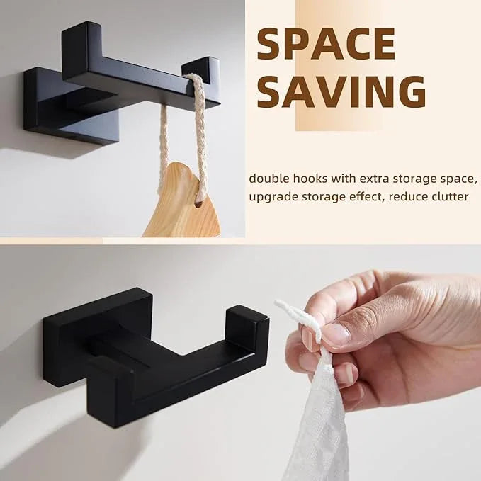 APLusee Double Robe Towel Hook, 304 Stainless Steel Square Dual Coat Hook, Utility Bath Kitchen Storage Hanger Holder, Matte Black - ModernBath