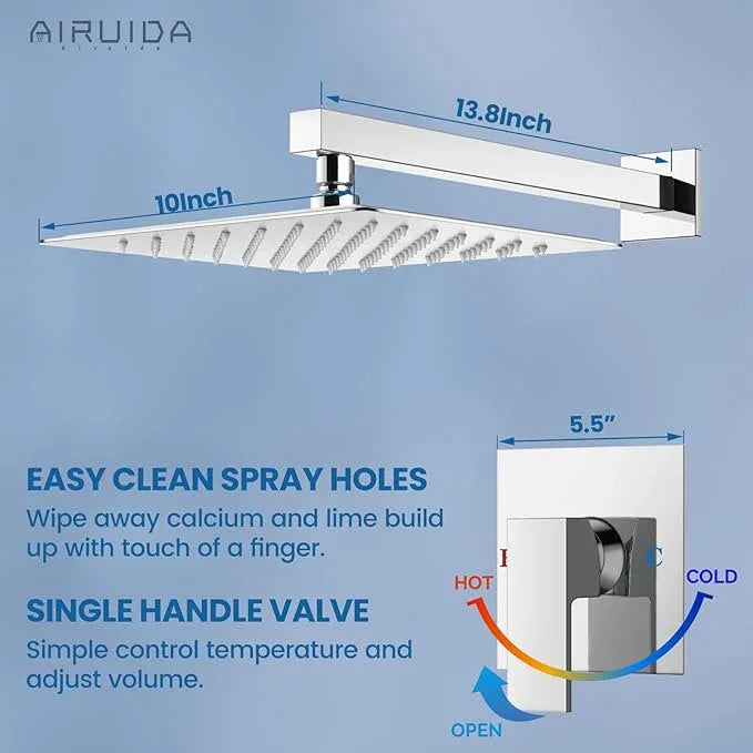 Airuida Shower Faucet Set Bathroom Rain Shower System SUS304 Stainless Steel Single Handle With Male Threads Rough-in Valve Shower Trim Kit 10 Inch Wall Mount Shower Head Chrome Polish - ModernBath