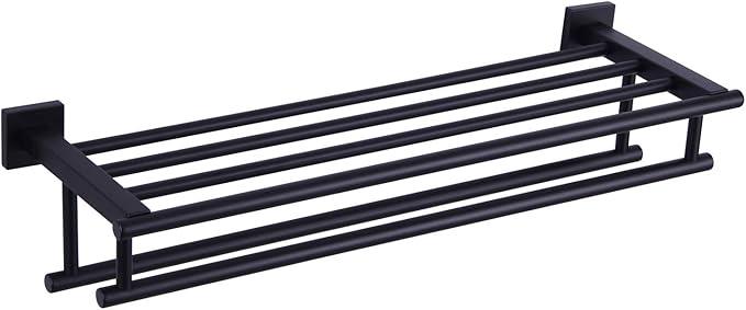 Bathroom Towel Shelf with Bar, Angle Simple Stainless Steel Bath Towel Rack, Double Towel Holder with Shelf, Wall Mount Train Rack Matte Black 23.62 Inches - ModernBath