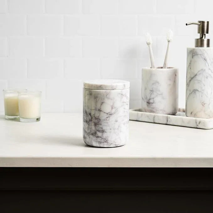 Cork & Mill Marble Bathroom Container with Lid - Holder for Qtip Swabs, Cotton Balls, Pads, Rounds, or Floss Picks - White Apothecary Jar for Q Tips - Canister for Organizing Bathroom Counter Vanity - ModernBath