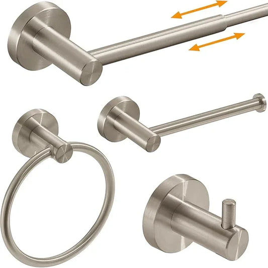 BESy 4 Piece Bathroom Accessories Set (Adjustable 16 to 26 Inch Towel Bar, Towel Ring, Toilet Paper Holder,Towel Hook), Wall Mounted Bath Hardware Accessory Fixtures Set,Stainless Steel/Brushed Nickel - ModernBath