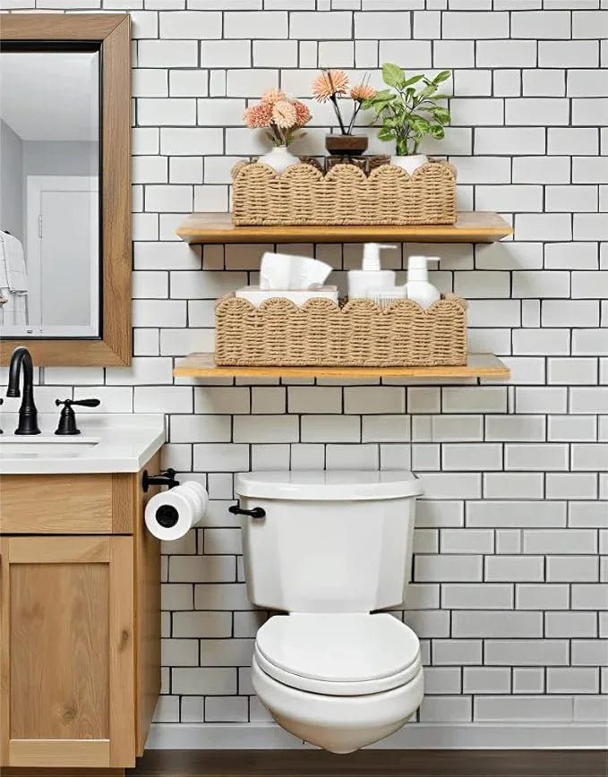 CubesLand Decorative Toilet Paper Storage Basket, Modern Farmhouse Home Decor Basket for Organizing, Scalloped Pantry Baskets for Shelves, Countertop, Living Room, w/Wood Handles, Beige 2 Sizes - ModernBath