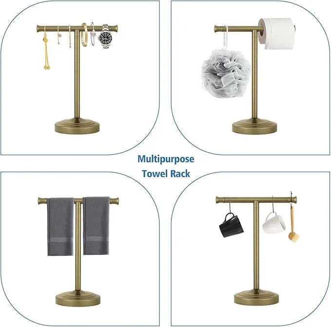 RUMOSE 13 Inch Antique Brass Towel Bar Stand Hand Holder Bathroom Kitchen Vanity Countertop T-Shape Towel Rack Free Standing Stainless Steel - ModernBath