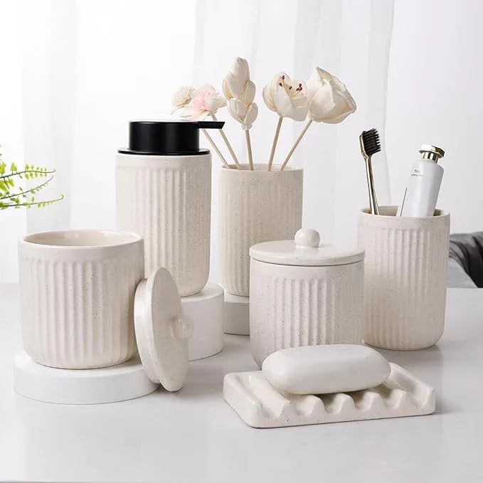 BosilunLife Ceramic Bathroom Accessories Set - Bathroom Counter Soap Set Beige Bathroom Decor Sets Accessories Bathroom Lotion Soap Dispenser and Toothbrush Holder Set, Soap Dish, Apothecary Jars - ModernBath