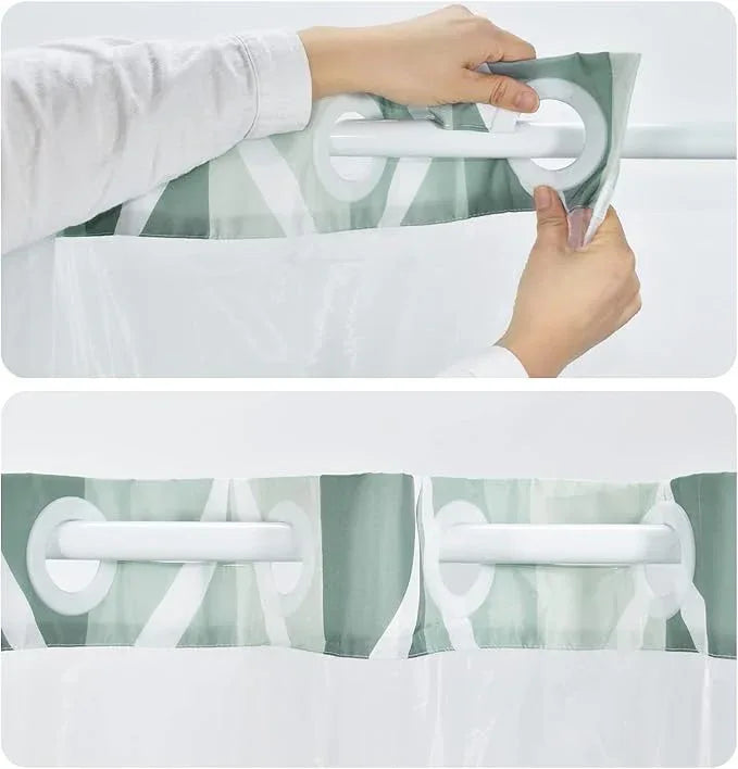 Yiatn No Hook Dark Green Double Shower Curtain with Snap in Fabric Liner Set - Hotel Style with See Through Mesh Top Window, Modern Geometric Waterdrop Design,Waterproof and Washable, 71x74 INCH - ModernBath