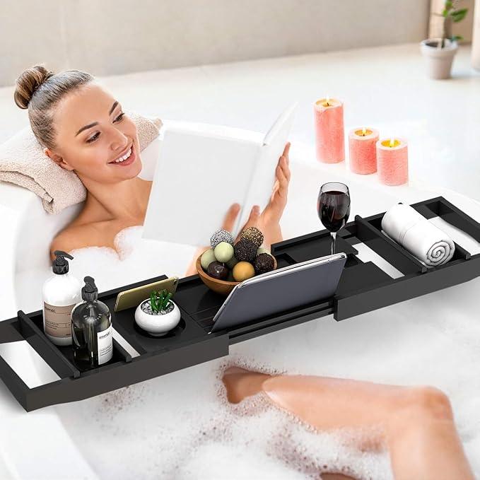 Domax Bathtub Caddy Tray Expandable Bamboo Tub Tray for Luxury Bath with Book Holder and Free Soap Dish Black - ModernBath