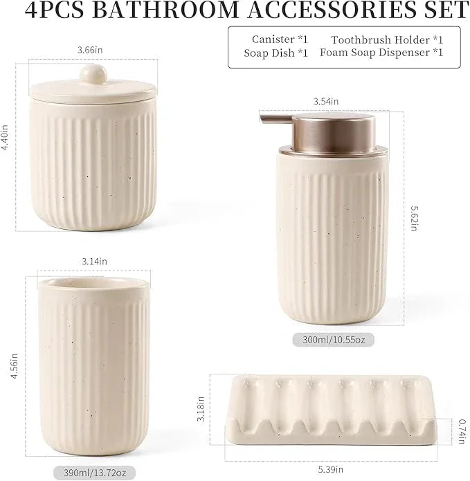 BosilunLife Bathroom Accessories Set - Ceramic Bathroom Set Bathroom Decor Sets Bathroom Counter Foam Soap Dispenser and Toothbrush Holder Set, Soap Dish, Apothecary Jar (Striped Apricot) - ModernBath