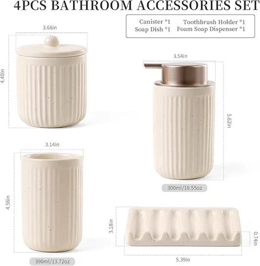 BosilunLife Bathroom Accessories Set - Ceramic Bathroom Set Bathroom Decor Sets Bathroom Counter Foam Soap Dispenser and Toothbrush Holder Set, Soap Dish, Apothecary Jar (Striped Apricot) - ModernBath