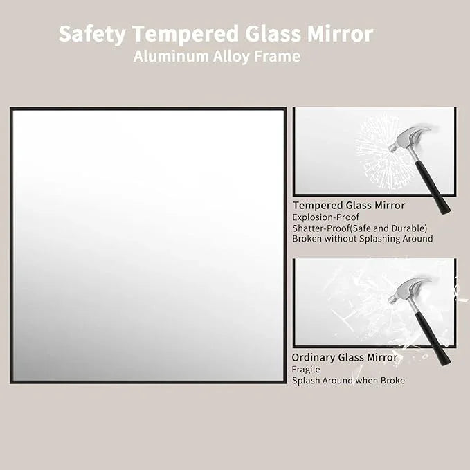 LOAAO 36"X36" Black Rectangle Bathroom Mirror Wall, Matte Black Aluminum Alloy Frame, Tempered Glass, Hangs Vertically or Horizontally, Easy to Install - ModernBath
