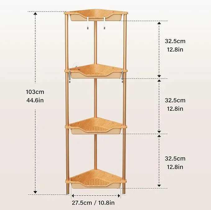 Orimade Rustproof 4 Tier Floor Standing Corner Shower Caddy Organizer, Plastic Aluminum Splicing Floor Corner Shelf Rack Storage Stands for Bathroom, Wood Grain Surface - ModernBath