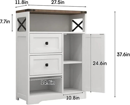 Fameill White Farmhouse Storage Cabinet with 2 Drawers & Shelves,Freestanding Kitchen Cabinet with Doors,Floor Storage Organization for Living Room,Bathroom,Laundry - ModernBath