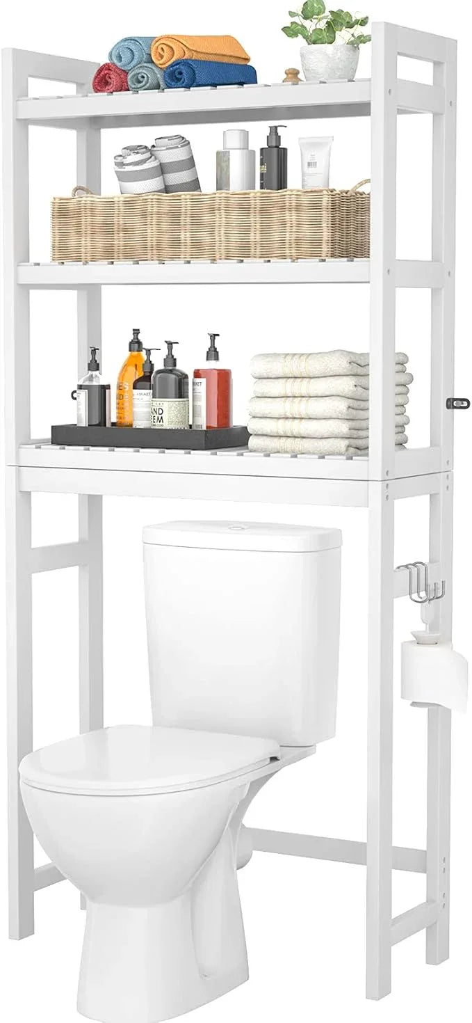 Homykic Over The Toilet Storage, Bamboo Over Toilet Bathroom Organizer Rack, Freestanding Bathroom Shelves Above Toilet Storage with 3 Hooks, Bathroom Space Saver, No Rust, Easy to Assemble, White - ModernBath
