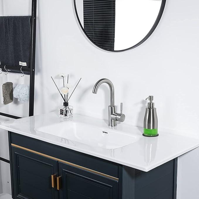 Gaussra Soap Dispenser with Coaster and Stickers, Brushed Nickel Stainless Steel Case Glass Liner Hand Pump Dispenser, Refillable Liquid Hand Soap Dispenser for Bathroom & Kitchen (11OZ / 320ML) - ModernBath