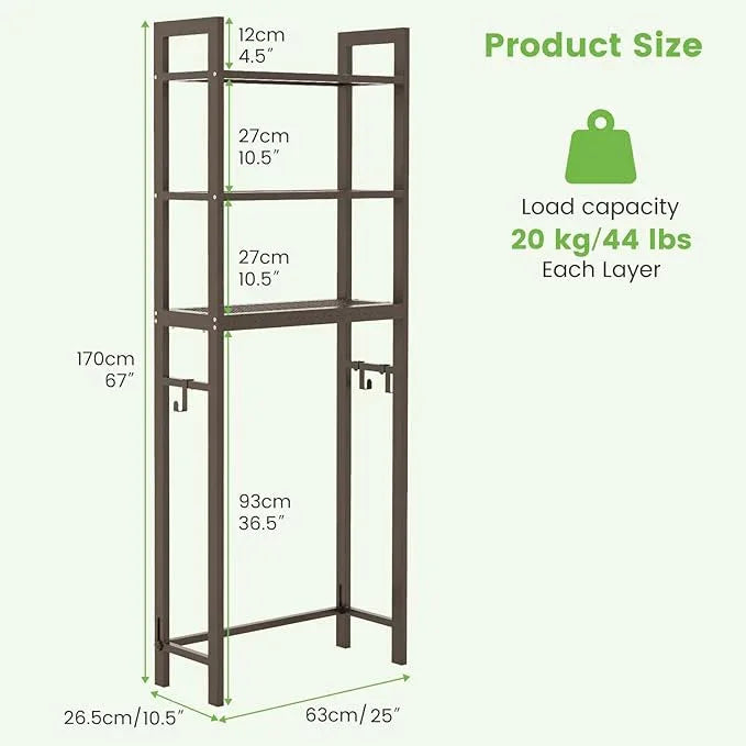 Giantex Over The Toilet Storage Rack, 3-Tier Metal Bathroom Organizer with 3 Hooks, Adjustable Bottom Bar, Anti-Tippling Devices, Freestanding Toilet Space-Saver for Bathroom, Laundry (Coffee) - ModernBath