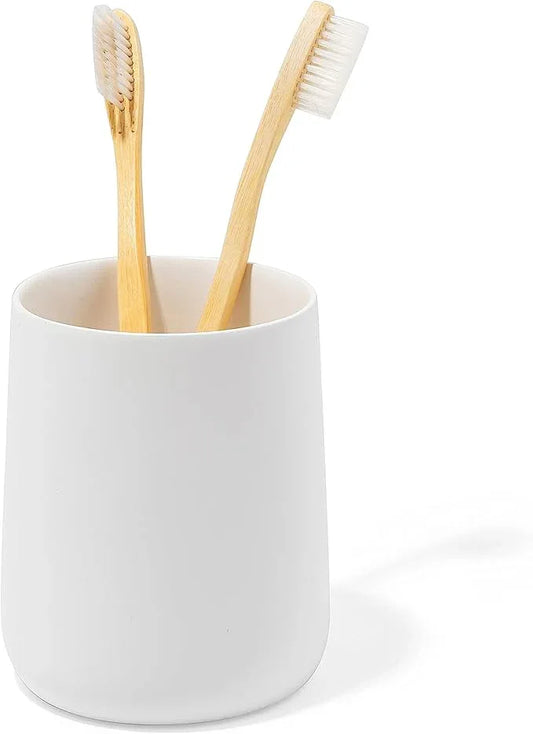 Yew Design Matte White Toothbrush and Toothpaste Holder and Cup for Bathroom Vanity and Countertop, Round Organizer for Electric Toothbrushes, Floss, Razors, Cotton, and Mouthwash - ModernBath