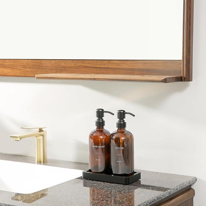 Prus Waso Amber Glass Soap Dispenser Set, Hand Soap and Lotion Set with Black Stainless Steel Pump, Perfect for Modern Bathroom Decor. (Amber) - ModernBath