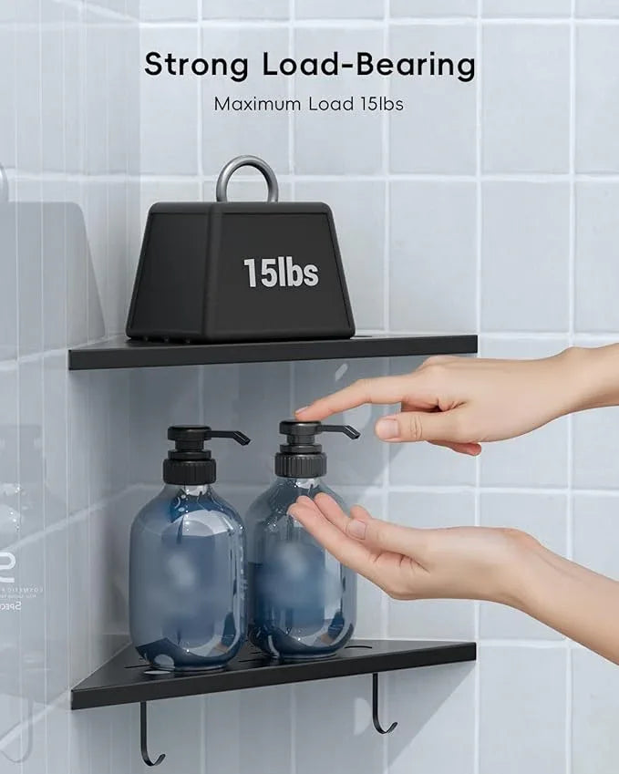 DAYONE Matte Black Corner Shower Shelf 2 Pack 10", Bathroom Corner Shower Organizer Shelf for Tiled Wall, SUS304 Stainless Steel Slot Design Recessed Organizer Shelves with 2 Hooks and 4 Holes - ModernBath