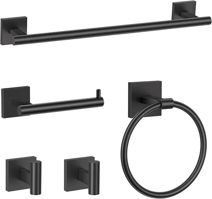TURS Matte Black 5-Pieces Bathroom Hardware Set SUS304 Stainless Steel Towel Bar Set Wall Mounted 23.6 Inch Towel Racks for Bathroom Square Towel Holder Set - ModernBath