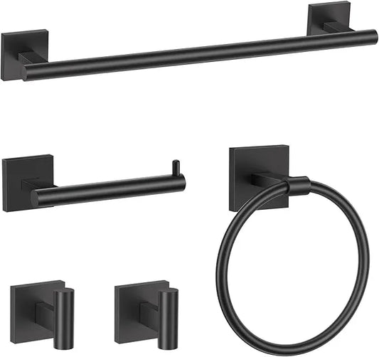 TURS Matte Black 5-Pieces Bathroom Hardware Set SUS304 Stainless Steel Towel Bar Set Wall Mounted 23.6 Inch Towel Racks for Bathroom Square Towel Holder Set - ModernBath