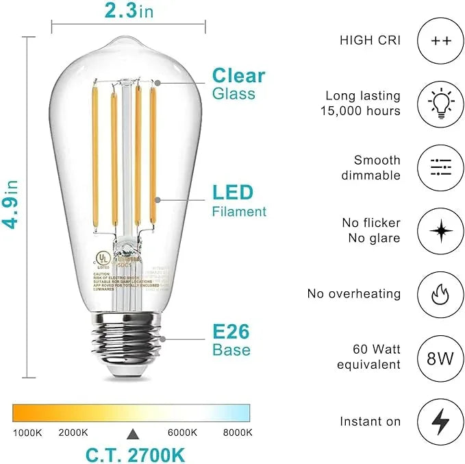 TJOY Edison Light Bulbs 60W Equivalent, Dimmable Vintage LED Light Bulbs, E26 Medium Base, Warm White 2700K, ST58, 8W, 800LM, 80+ CRI, Antique Decorative Filament LED Bulb, Clear Glass, 6 Pack - ModernBath