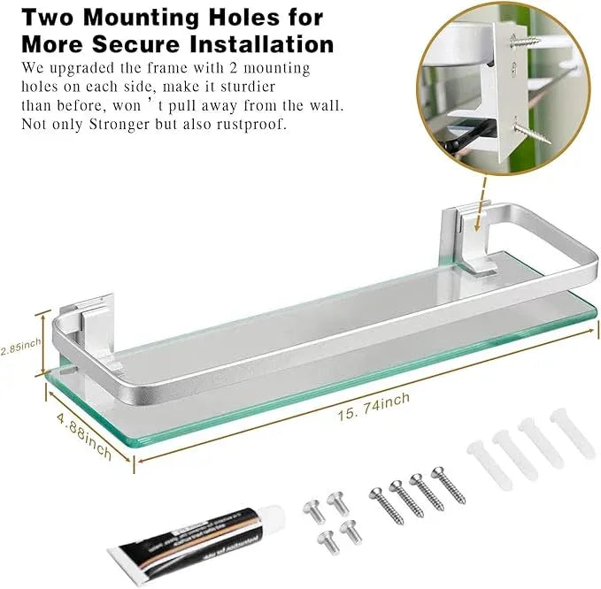 VOLPONE Glass Bathroom Shelf 15.7in Bathroom Shelf Wall Mounted Floating Glass Shelves with Towel Holder Glass Shelf for Bathroom 2 Tier (Sliver) - ModernBath