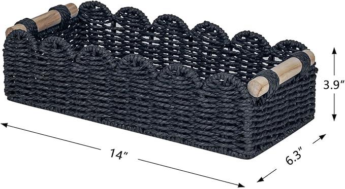 CubesLand Toilet Paper Storage Basket Scalloped Edge Home Decor Basket, Living Room Cozy Decor, Paper Rope Small Baskets for Over Toilet Storage Shelf, End Table, Shelves, with 2 Wooden Handles, Black - ModernBath