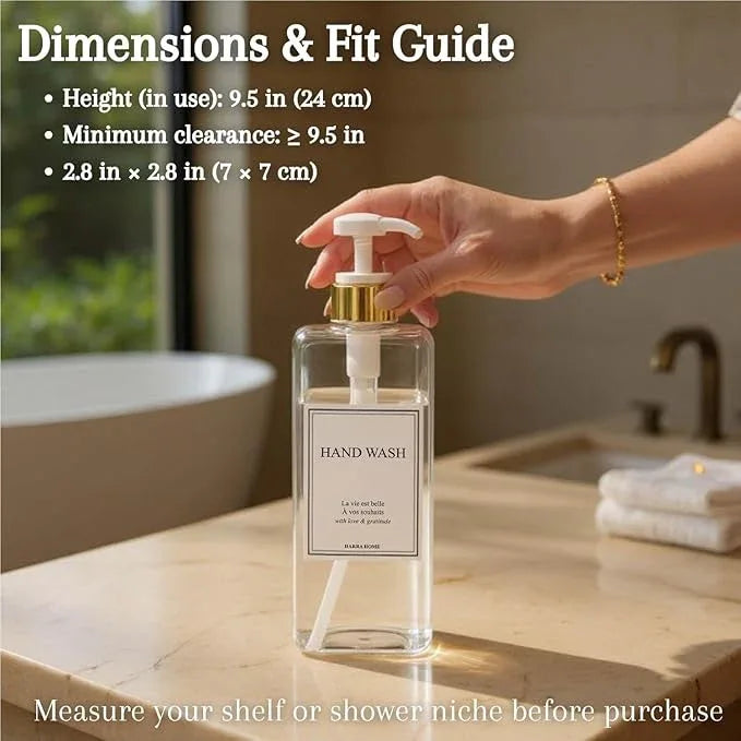 Modern Gold Design Shampoo and Conditioner Dispenser, Large 27oz Shower Soap Dispenser, Set of 3 Refillable Empty Plastic Pump Bottles for Bathroom, 6 Waterproof Labels Included, (Clear & White) - ModernBath