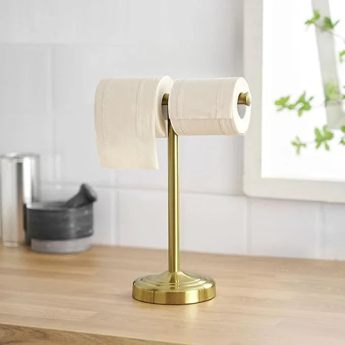 RUMOSE 13 Inch Brushed Gold Towel Stand Hand Towel Holder Bathroom Kitchen Vanity Countertop T-Shape Towel Rack Free Standing Stainless Steel Towel Bar Towel Ring - ModernBath
