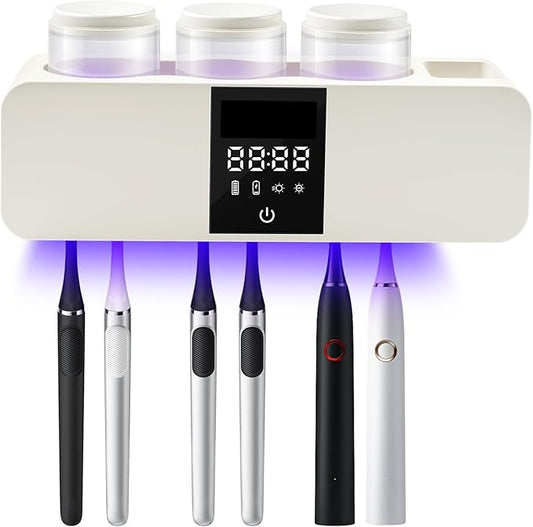 LXIANGN 3 in 1 Toothbrush Cleaner Holders for Bathrooms,Wall Mounted Toothbrush Holders with Drying and Cleaning,Smart LED Screen,6 Toothbrush Slots,3 Cups and Toothpaste Dispenser (White)