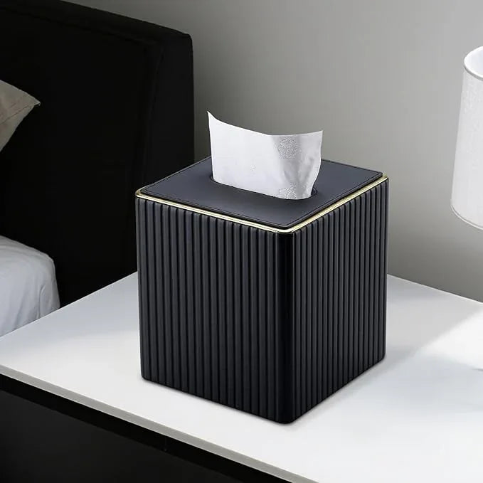 KINGFOM Tissue Box Cover, PU Leather Square Tissue Box Holder for Kleenexs with Magnetic Bottom Cover for Facial Tissues/Napkins, Office & Living Room Decor Box Black - ModernBath