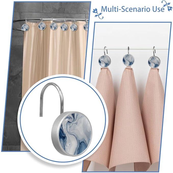12 Packs Grey Marble Shower Curtain Hooks, Stainless Steel Glass Shower Curtain Rings for Bathroom, Rustproof Metal Curtain Rod Hooks - ModernBath