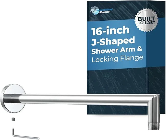 HammerHead Showers® Solid Metal 16 Inch Extended Shower Arm and Flange with Set Screw, Long Shower Arm, Extends Rain Shower Overhead, Wall-Mounted Rain Shower Arm, Chrome - ModernBath