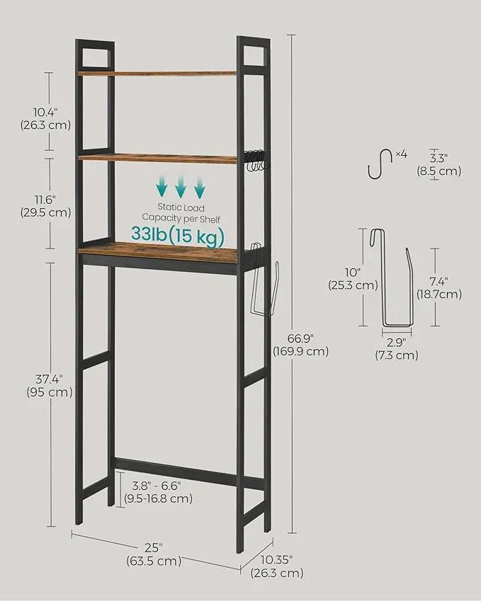 SONGMICS Over-The-Toilet Storage, 3-Tier Bathroom Organizer Over Toilet with Adjustable Shelves, Hooks, Bamboo, Freestanding Space Saver Bathroom Shelves, Rustic Brown and Ink Black UBTS012B01 - ModernBath