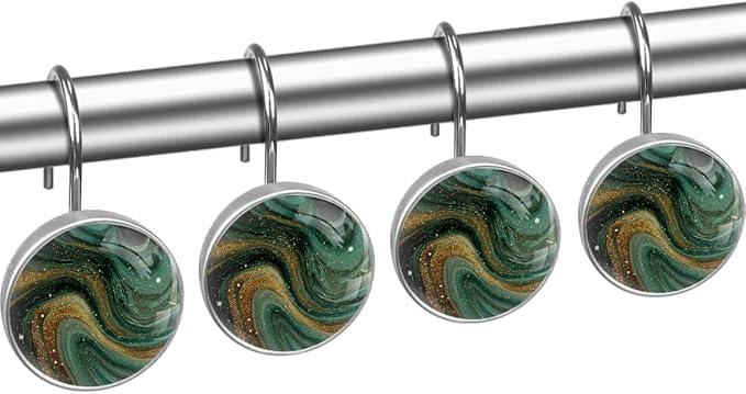 Green Marble Shower Curtain Hooks, 12Pcs Decorative Rust Resistant Shower Rings for Shower Curtain Rods, Stainless Steel Round Curtain Hooks for Bathroom, Bedroom, Farmhouse - ModernBath