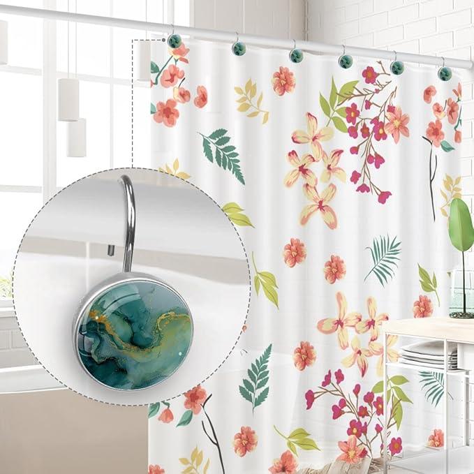 12 Packs Abstract Green Marble Shower Curtain Hooks, Crystal Glass Shower Curtain Rings for Bathroom, Rustproof Metal Curtain Rod Hooks - ModernBath